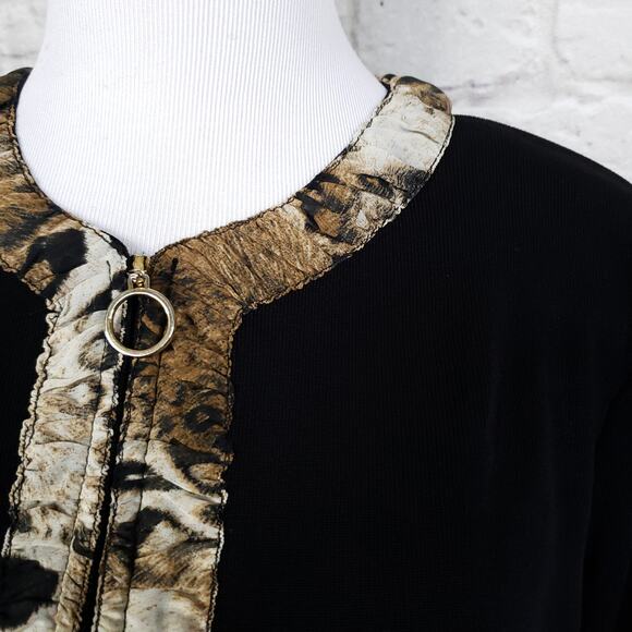 Exclusively Misook Black Full Zip Front Jacket Animal Print Trim Pockets Size XS - Picture 3 of 13